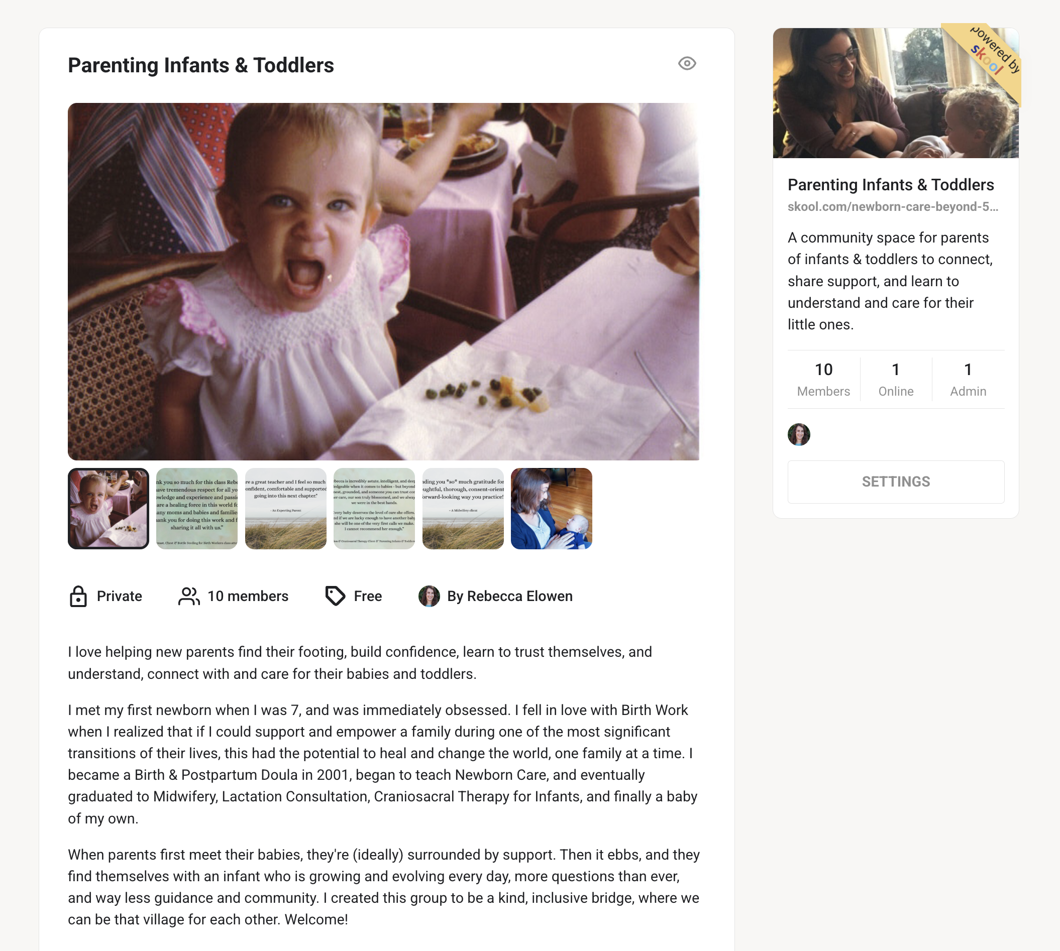 Image of a Skool community account: title is Parenting Infants & Toddlers, with a picture of a yelling toddler in a pink dress underneath.  Additional pictures and text are underneath, too small to read.